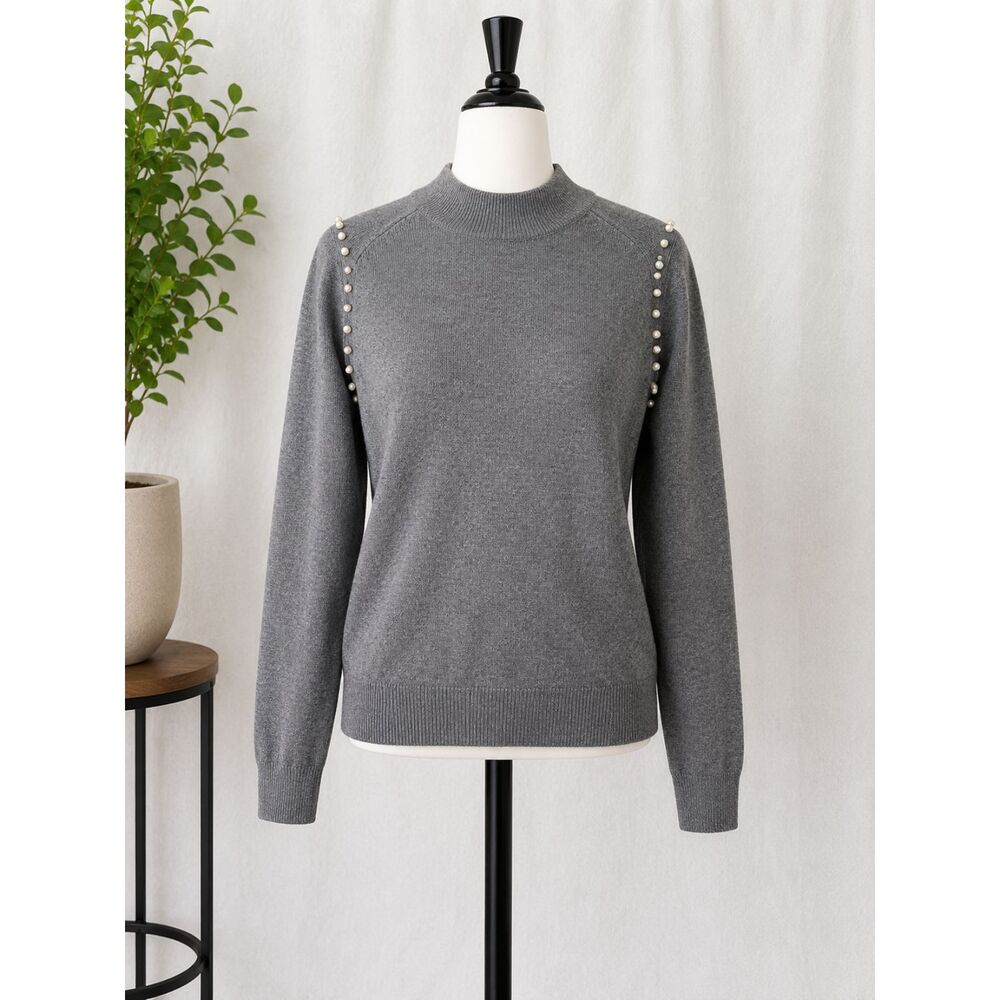 Catherine Malandrino Women’s Gray Pearl Stud Sweater Size L Mock Neck NWT